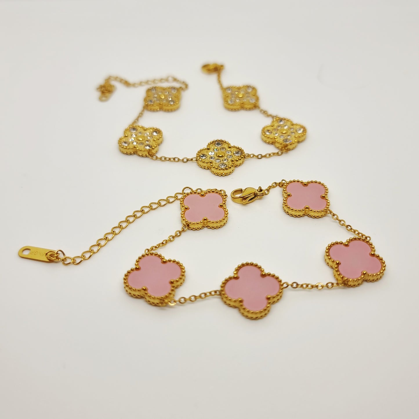 15mm Blush Pink Diamond Reversible Four-Leaf Clover Chain Bracelet