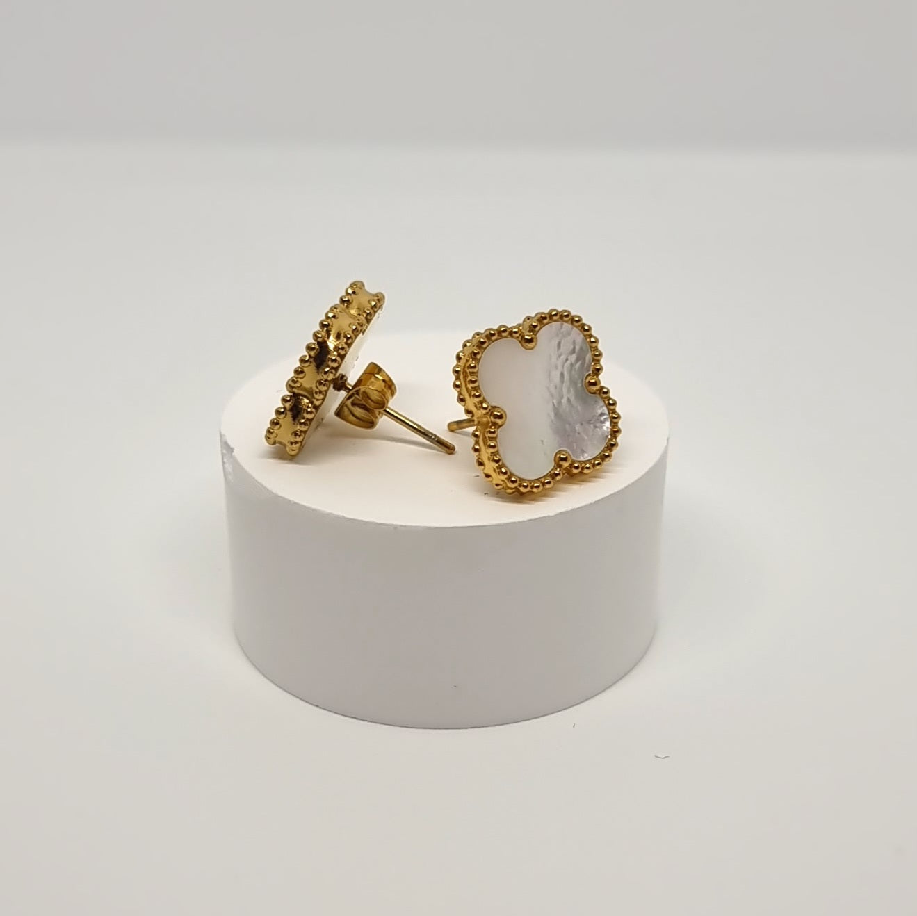 White Four-Leaf Clover Stud Earrings