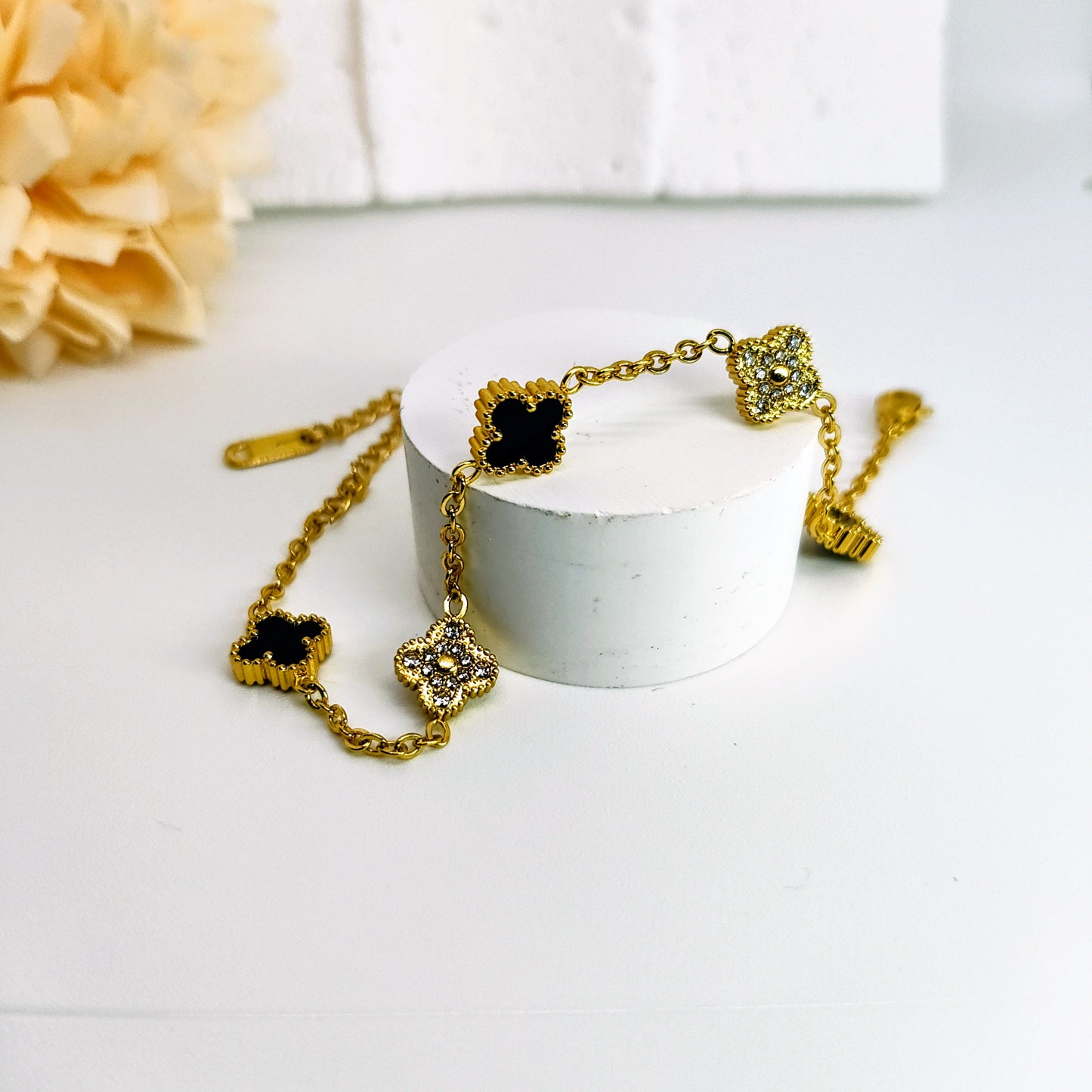 9mm Black Diamond Four-Leaf Clover Chain Bracelet