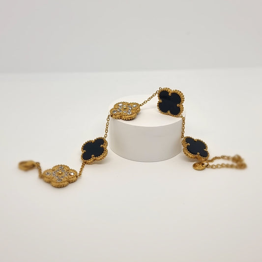 Black Diamond Reversible Four-Leaf Clover Chain Bracelet