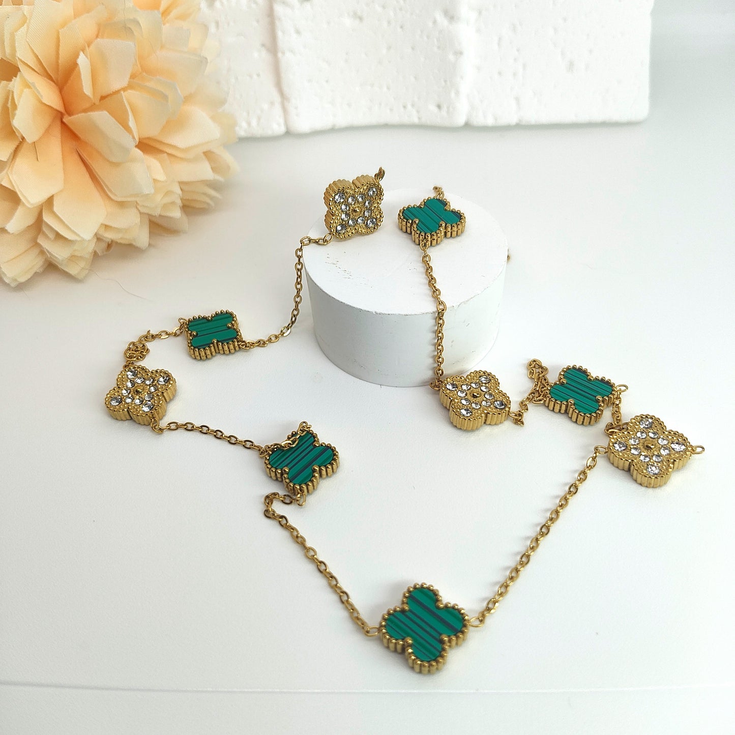 13mm Green Diamond Four-Leaf Clover Chain Necklace