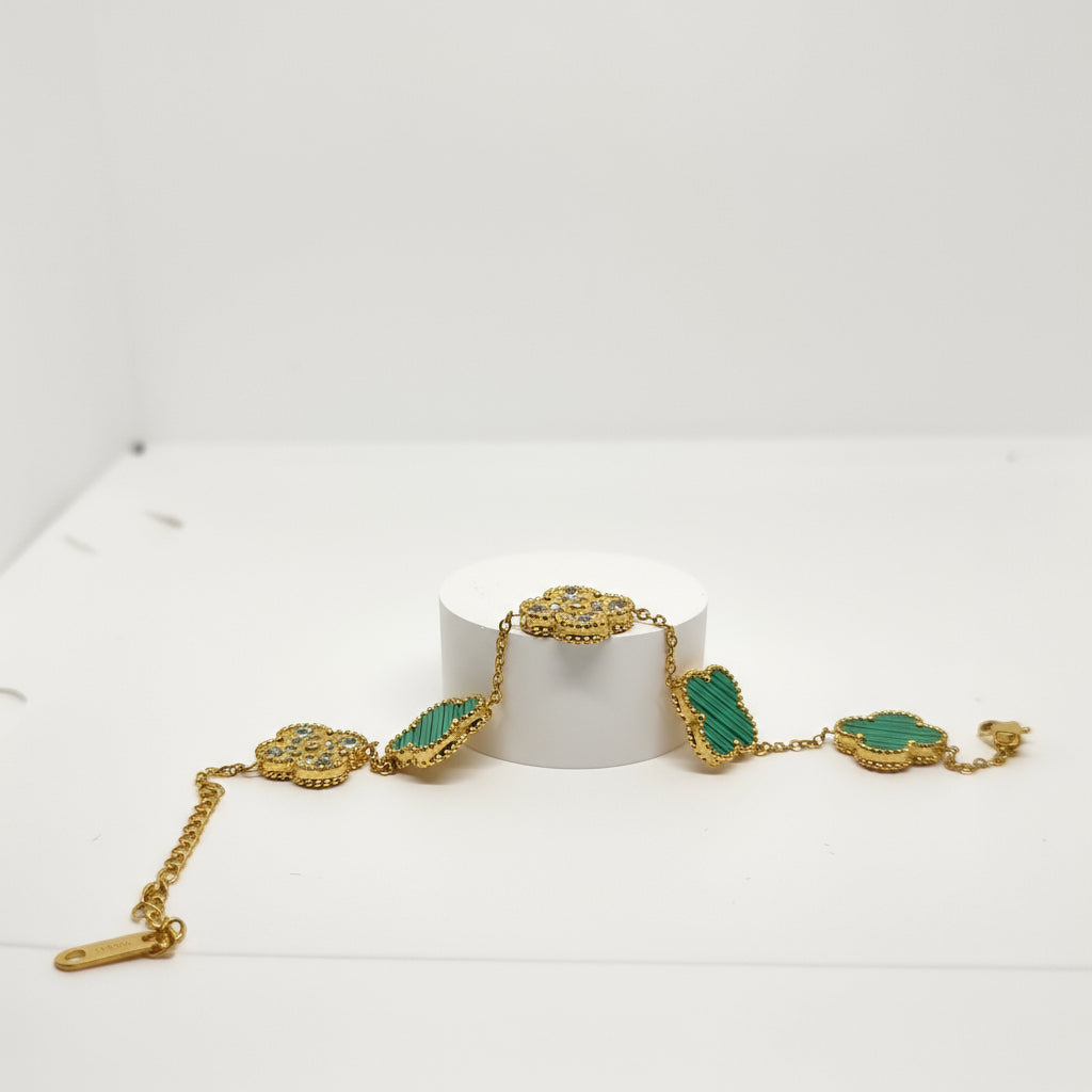 Green Diamond Reversible Four-Leaf Clover Chain Bracelet