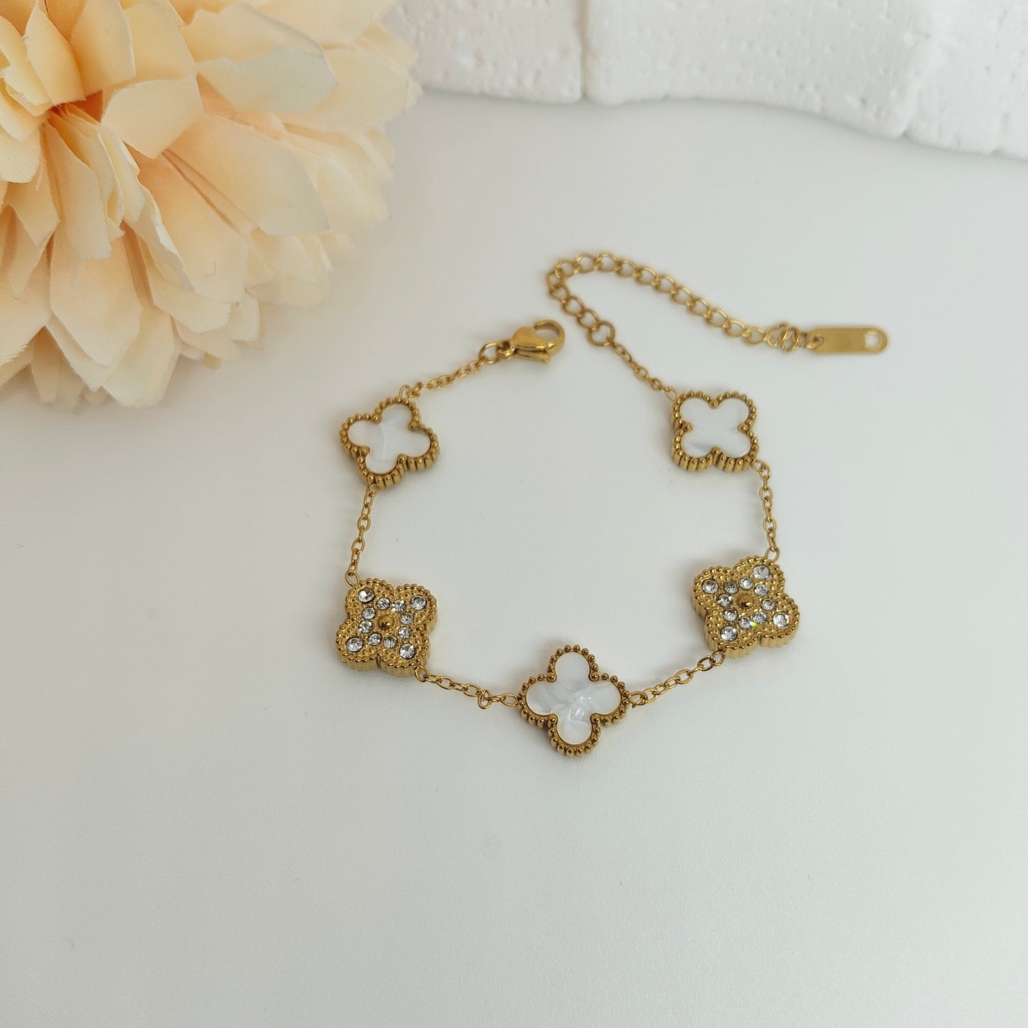 13mm White Diamond Four-Leaf Clover Chain Bracelet