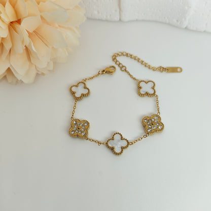 13mm White Diamond Four-Leaf Clover Chain Bracelet