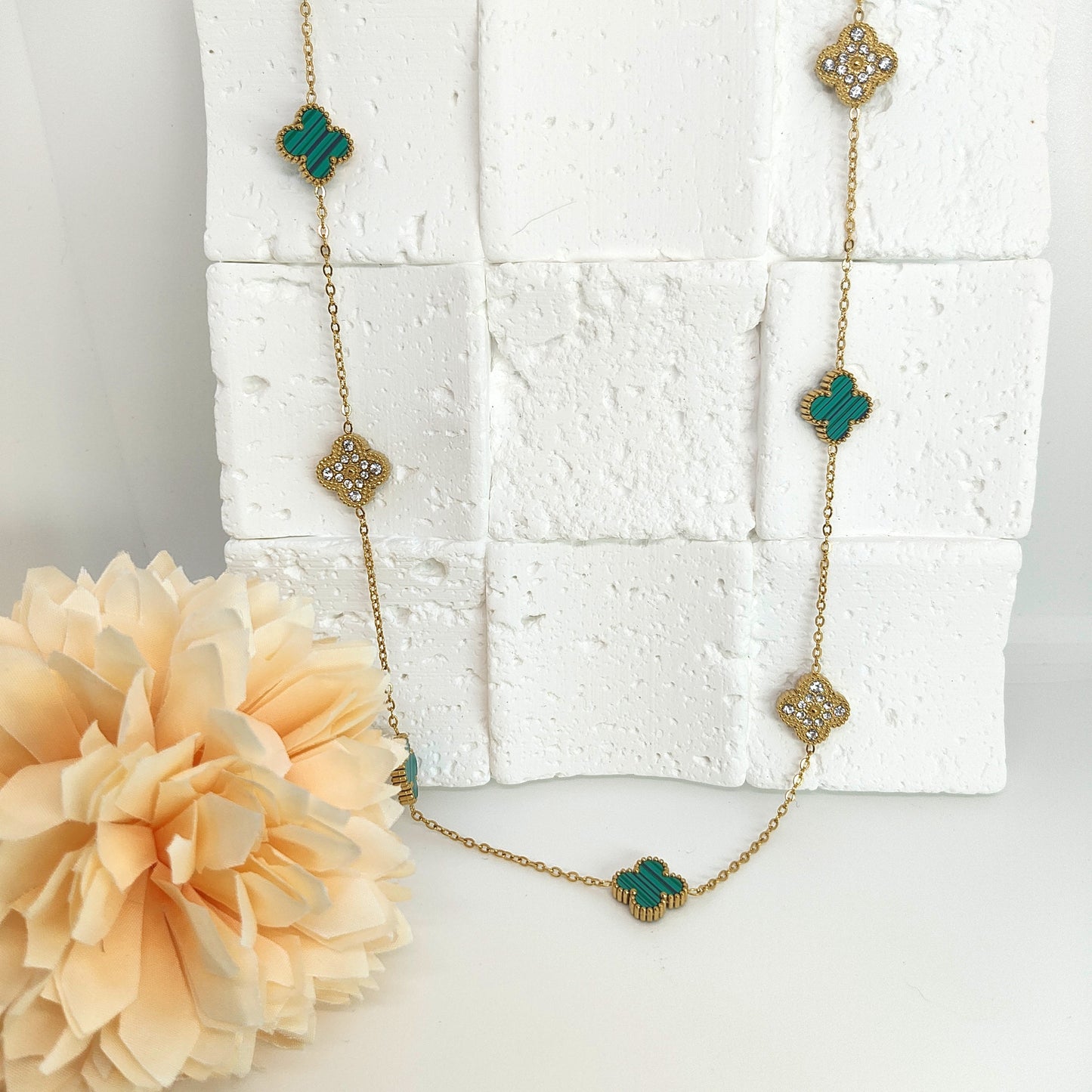 13mm Green Diamond Four-Leaf Clover Chain Necklace