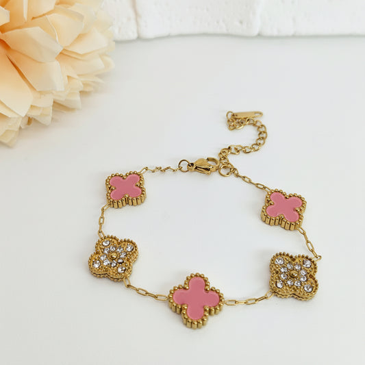 13mm Pink Diamond Four-Leaf Clover Chain Bracelet