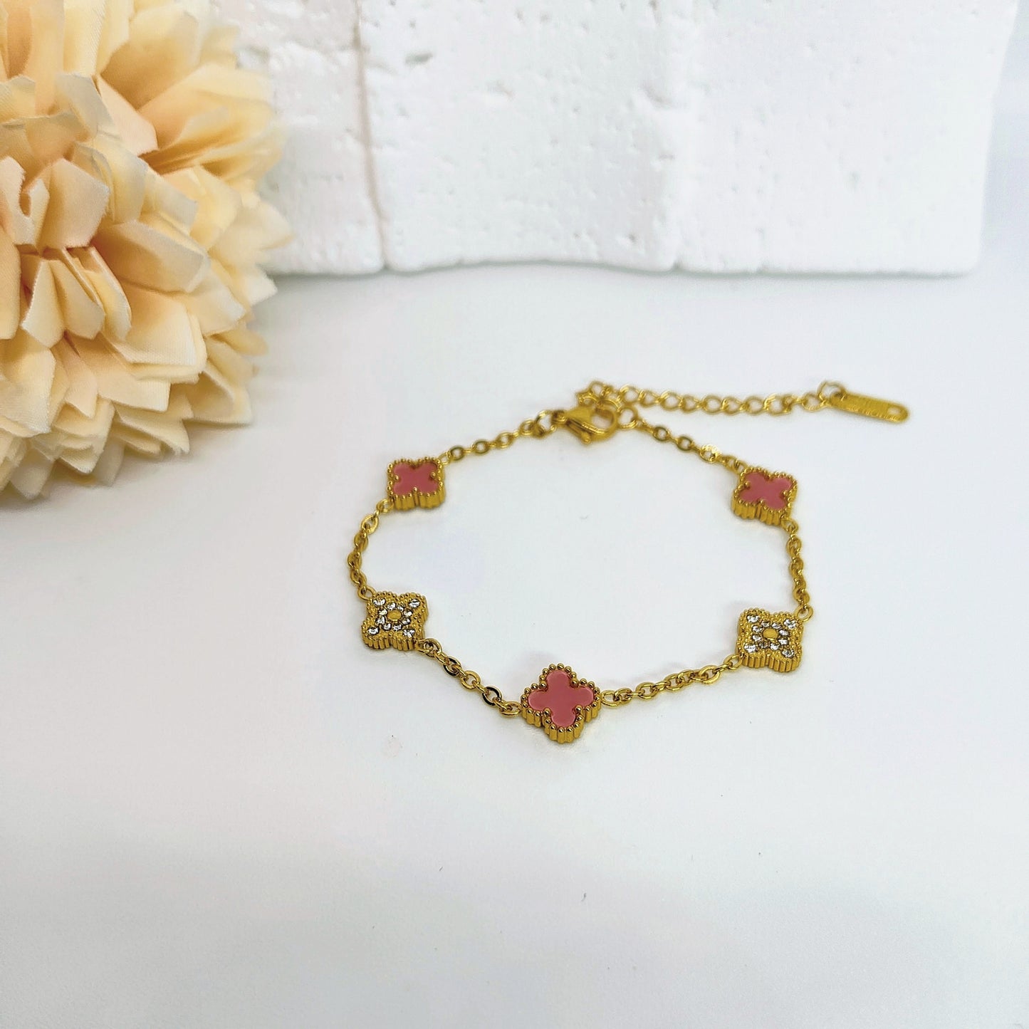 9mm Pink Diamond Four-Leaf Clover Chain Bracelet