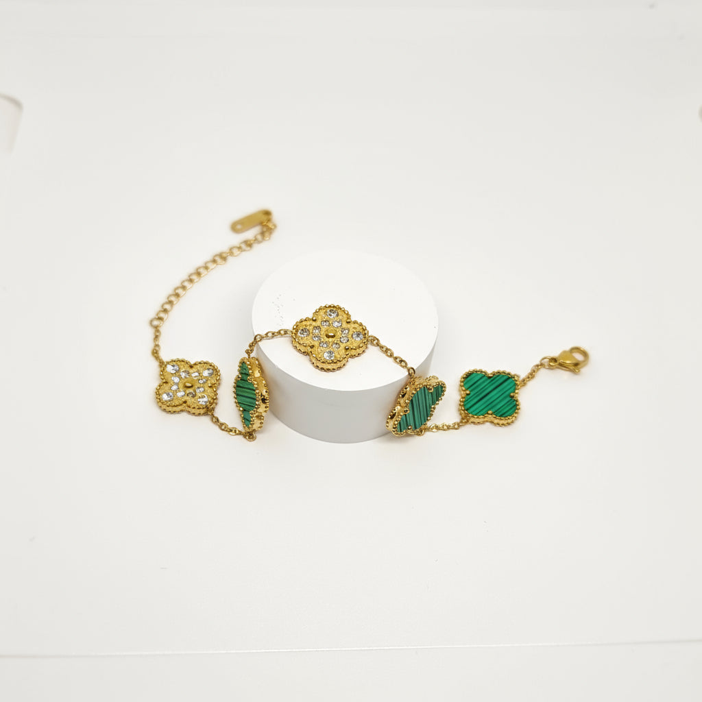 Green Diamond Reversible Four-Leaf Clover Chain Bracelet