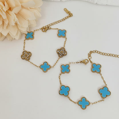 13mm Blue Diamond Four-Leaf Clover Chain Bracelet