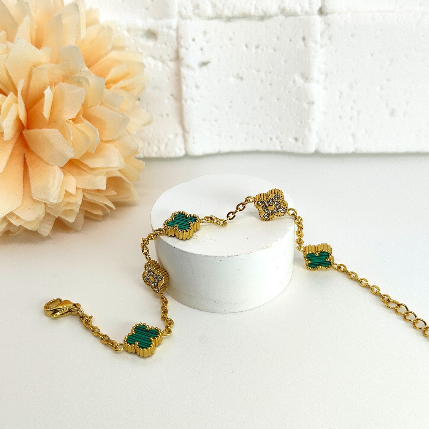 9mm Green Diamond Four-Leaf Clover Chain Bracelet