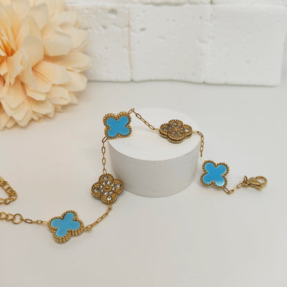 13mm Blue Diamond Four-Leaf Clover Chain Bracelet