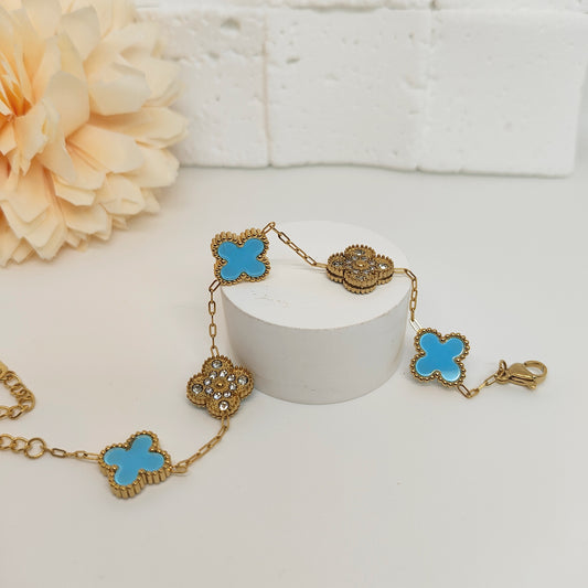 13mm Blue Diamond Four-Leaf Clover Chain Bracelet