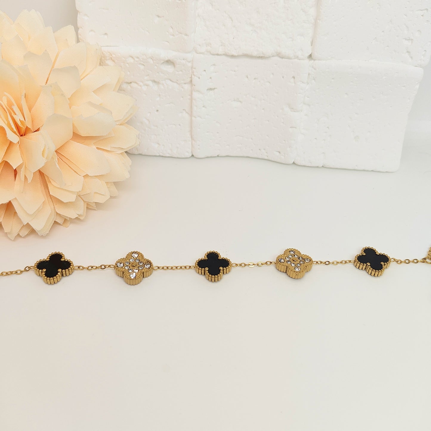 13mm Black Diamond Four-Leaf Clover Chain Bracelet