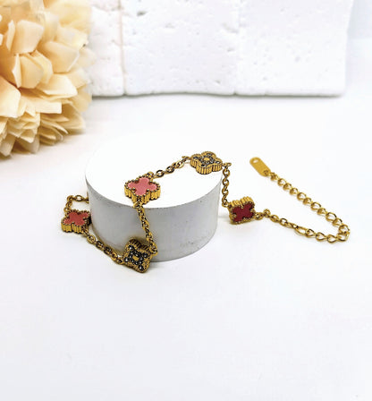 9mm Pink Diamond Four-Leaf Clover Chain Bracelet
